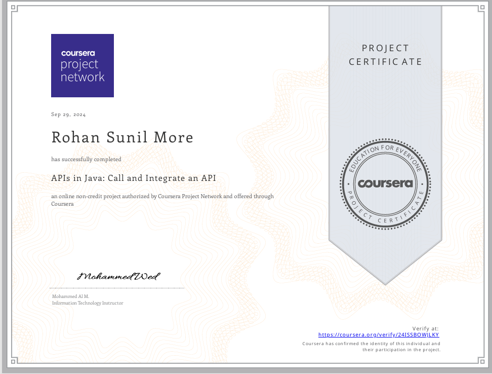 Certificate in APIs in Java: Call and Integrate an API